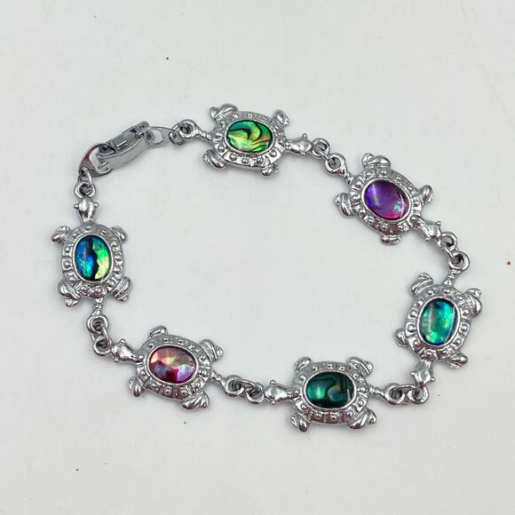 Super cool Multi Colored Abalone Shell Turtle Bracelet sign SJ Silvertone - Picture 4 of 9